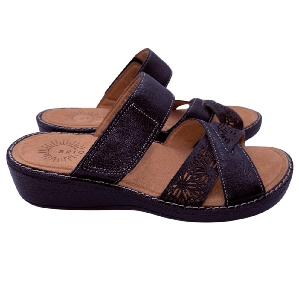 Brioso‎ Size 8 Jemm Black Leather Slip-On Wedge Sandals